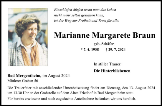 Traueranzeige von Marianne Margarete Braun von Fränkische Nachrichten