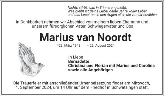 Traueranzeige von Marius van Noordt von Schwetzinger Zeitung