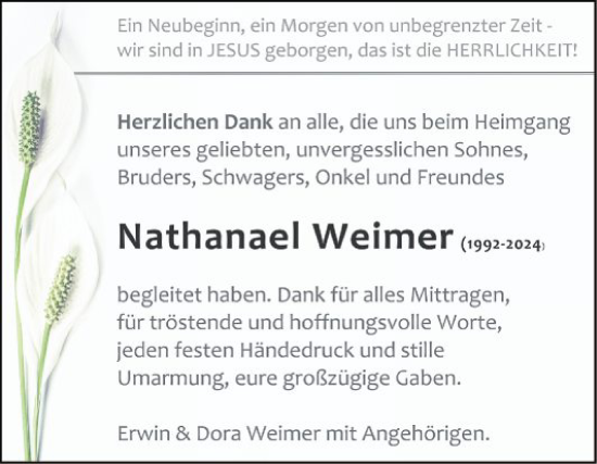 Traueranzeige von Nathanael Weimer von Schwetzinger Zeitung