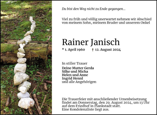 Traueranzeige von Rainer Janisch von Schwetzinger Zeitung