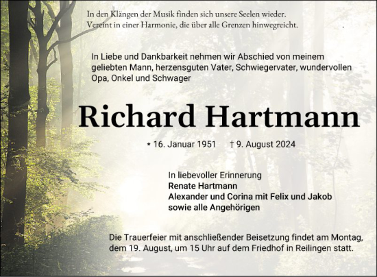 Traueranzeige von Richard Hartmann von Schwetzinger Zeitung