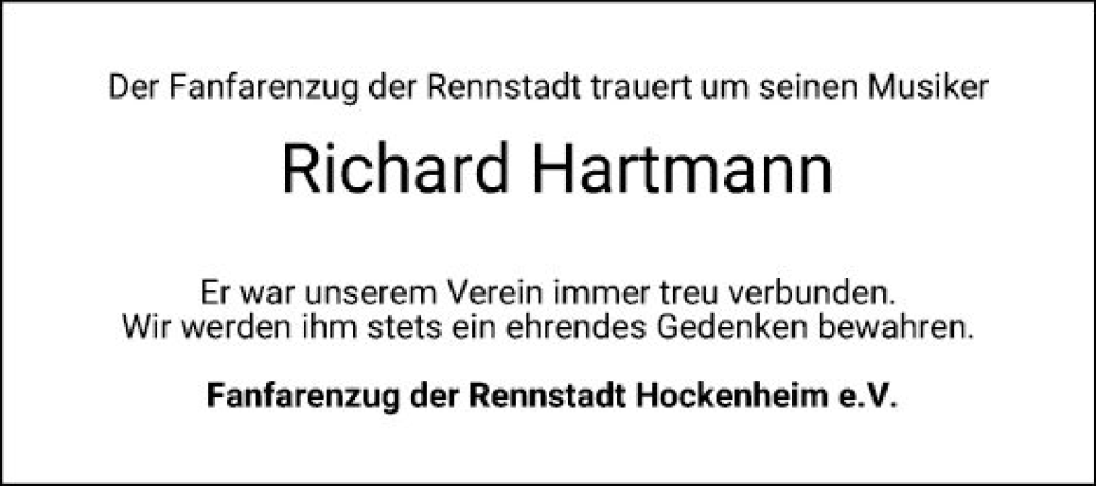  Traueranzeige für Richard Hartmann vom 15.08.2024 aus Schwetzinger Zeitung