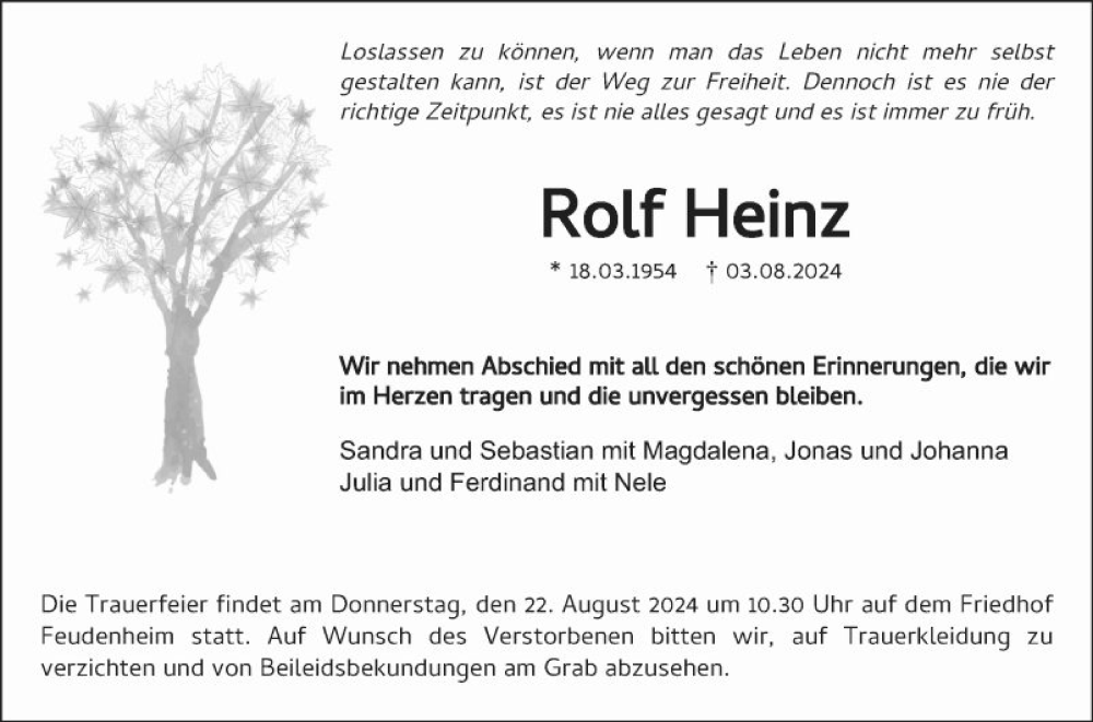  Traueranzeige für Rolf Heinz vom 10.08.2024 aus Mannheimer Morgen