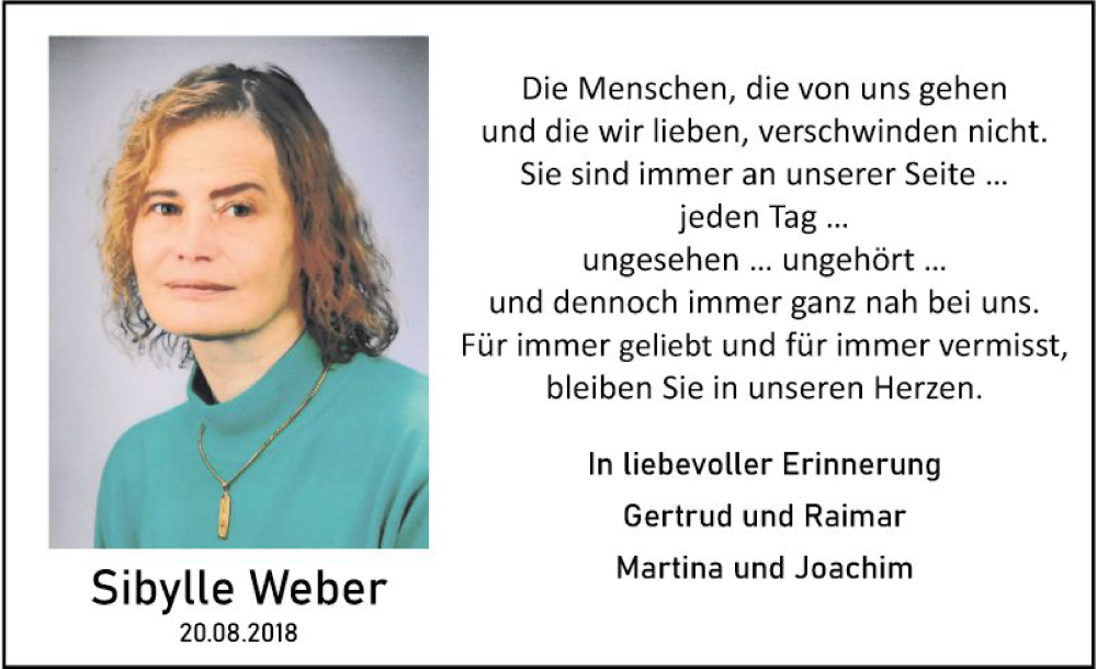  Traueranzeige für Sibylle Weber vom 24.08.2024 aus Fränkische Nachrichten