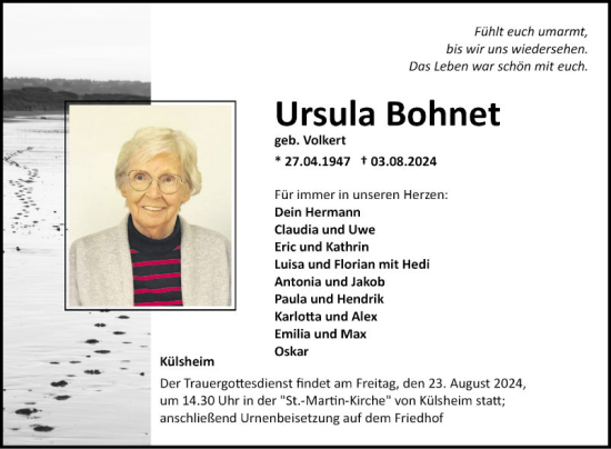 Traueranzeige von Ursula Bohnet von Fränkische Nachrichten