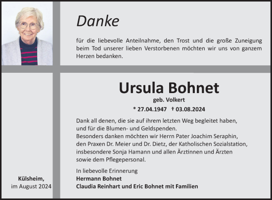Traueranzeige von Ursula Bohnet von Fränkische Nachrichten