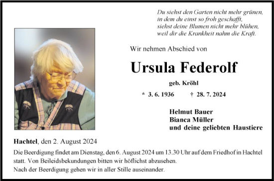 Traueranzeige von Ursula Federolf von Fränkische Nachrichten