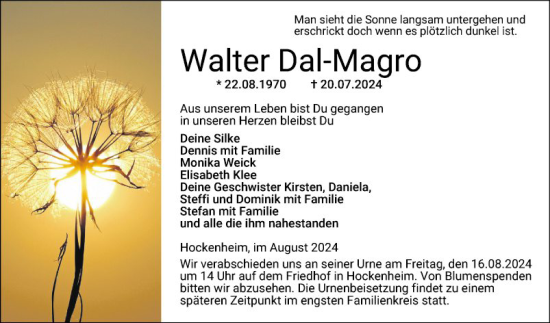 Traueranzeige von Walter Dal-Magro von Schwetzinger Zeitung