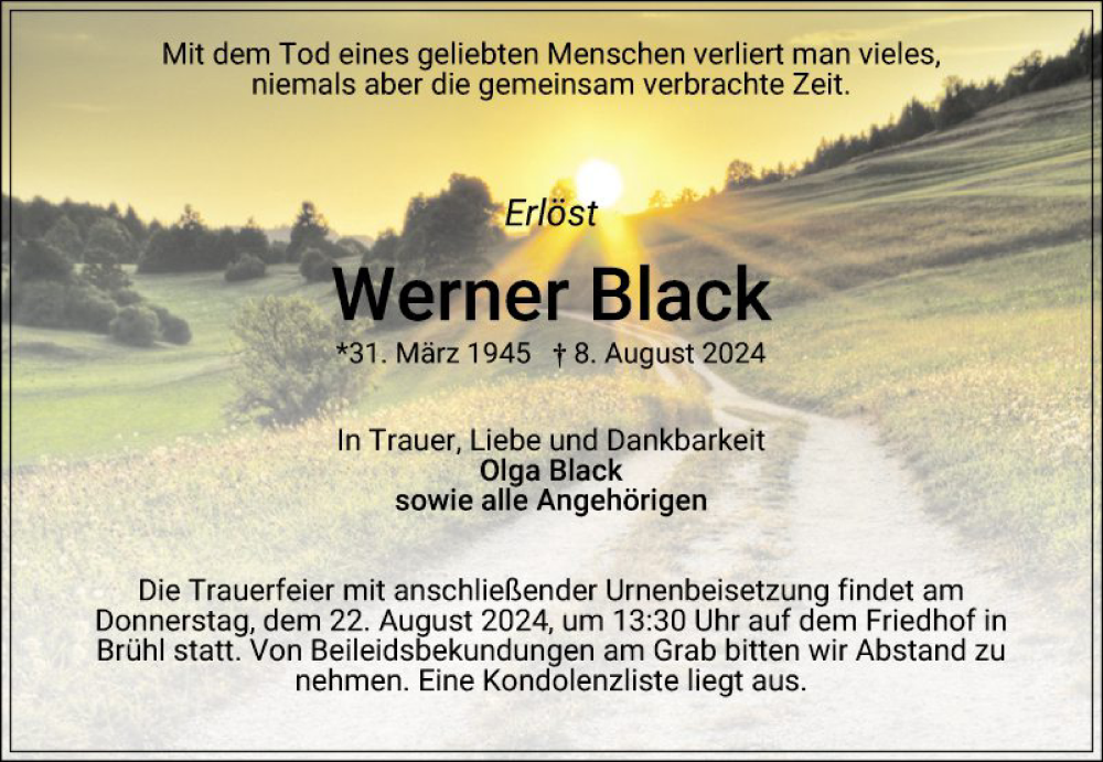  Traueranzeige für Werner Black vom 17.08.2024 aus Schwetzinger Zeitung