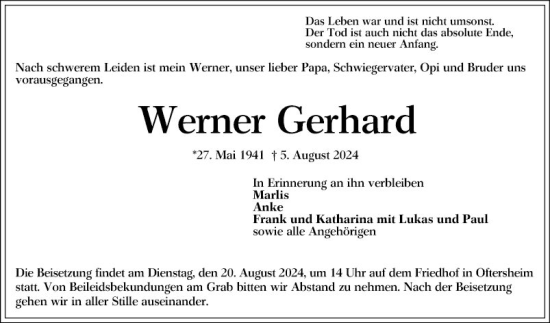 Traueranzeige von Werner Gerhard von Schwetzinger Zeitung