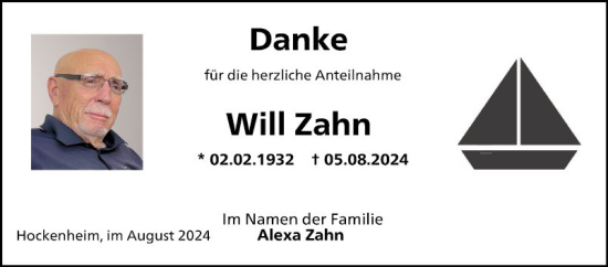 Traueranzeige von Will Zahn von Schwetzinger Zeitung