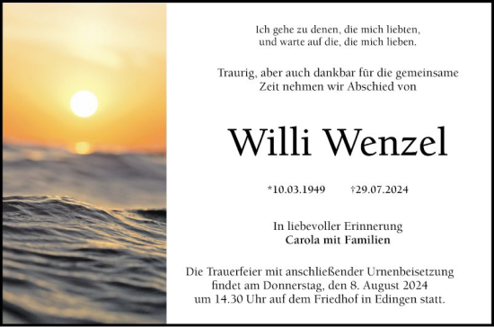 Traueranzeige von Willi Wenzel von Schwetzinger Zeitung