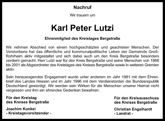 Traueranzeige von Karl Peter Lutzi von Mannheimer Morgen