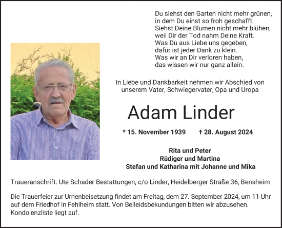 Traueranzeige von Adam Linder von Bergsträßer Anzeiger