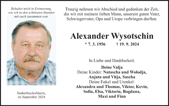 Traueranzeige von Alexander Wysotschin von Fränkische Nachrichten