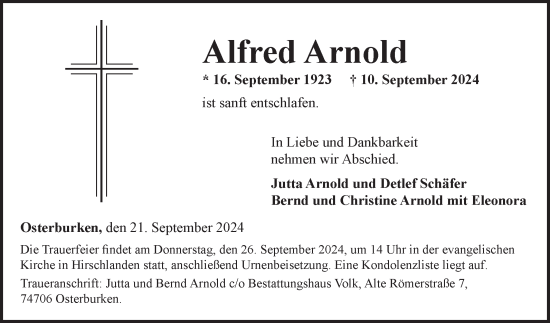 Traueranzeige von Alfred Arnold von Fränkische Nachrichten