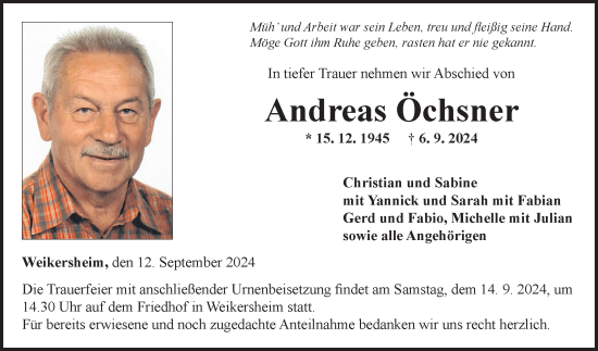 Traueranzeige von Andreas Öchsner von Fränkische Nachrichten