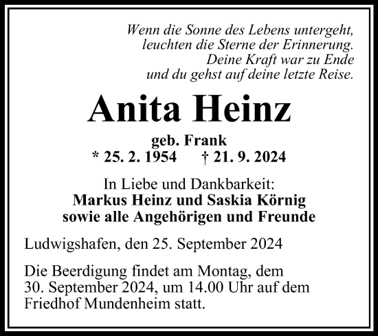 Traueranzeige von Anita Heinz von Mannheimer Morgen