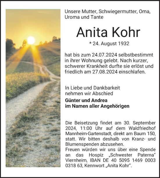 Traueranzeige von Anita Kohr von Mannheimer Morgen