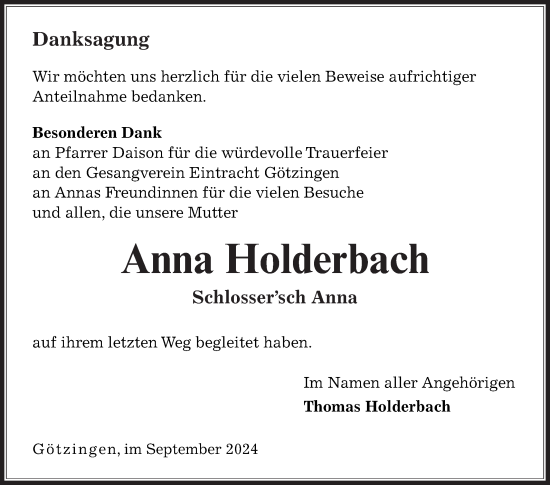 Traueranzeige von Anna Holderbach von Fränkische Nachrichten