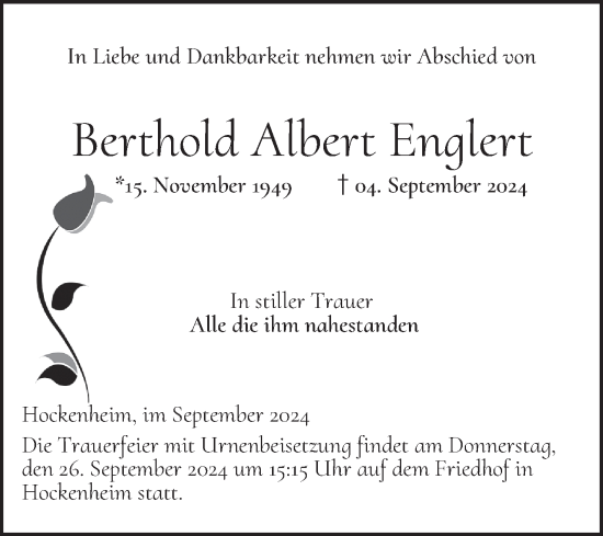 Traueranzeige von Berthold Albert Englert von Schwetzinger Zeitung