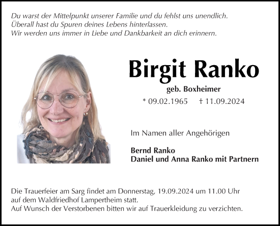 Traueranzeige von Birgit Ranko von Mannheimer Morgen