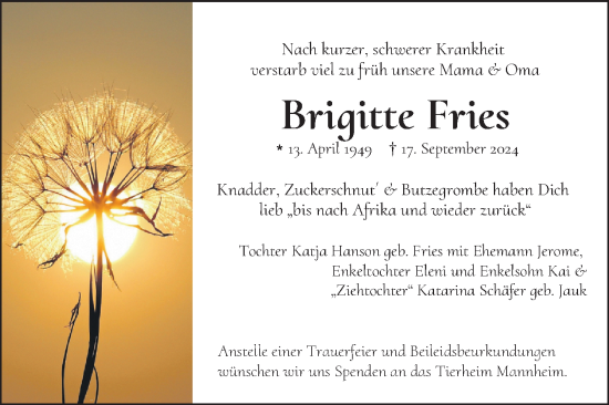 Traueranzeige von Brigitte Fries von Mannheimer Morgen