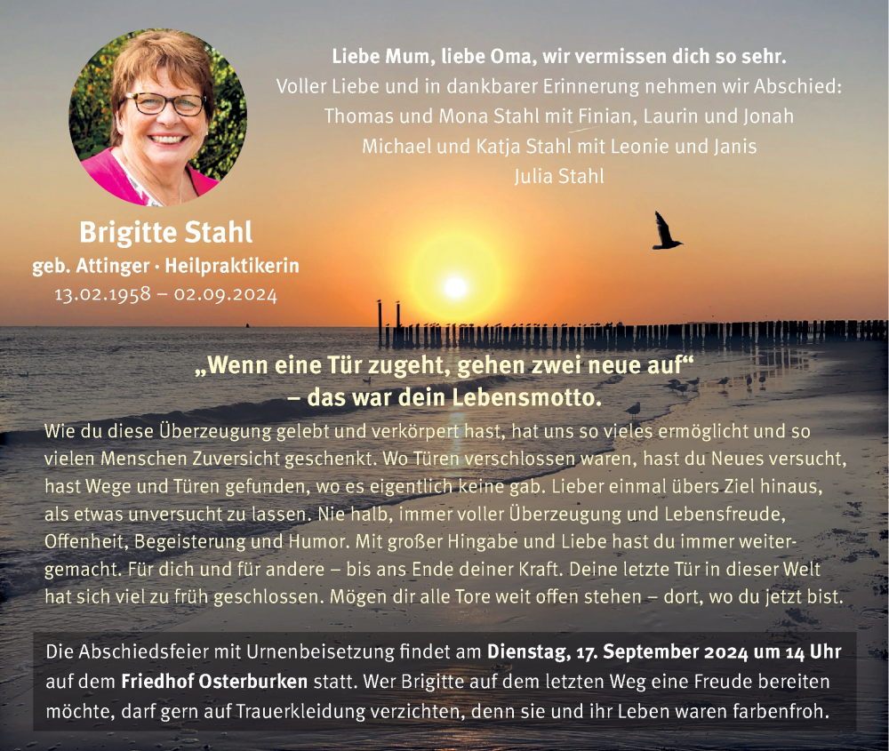  Traueranzeige für Brigitte Stahl vom 14.09.2024 aus Fränkische Nachrichten