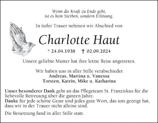 Traueranzeige von Charlotte Haut von Mannheimer Morgen