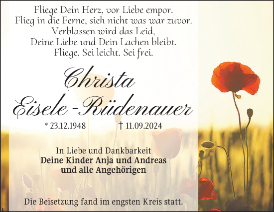 Traueranzeige von Christa Eisele-Rüdenauer von Fränkische Nachrichten