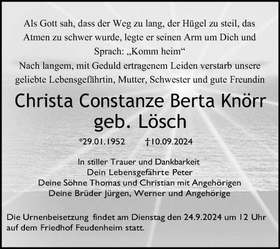 Traueranzeige von Christa Constanze Berta Knörr von Mannheimer Morgen