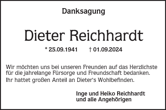 Traueranzeige von Dieter Reichhardt von Mannheimer Morgen