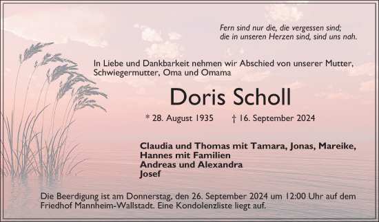 Traueranzeige von Doris Scholl von Mannheimer Morgen