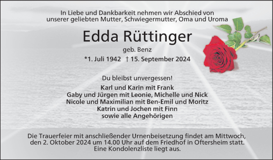 Traueranzeige von Edda Rüttinger von Schwetzinger Zeitung