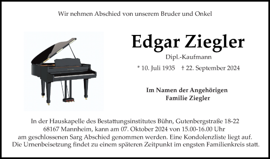 Traueranzeige von Edgar Ziegler von Mannheimer Morgen