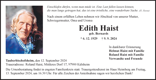 Traueranzeige von Edith Haist von Fränkische Nachrichten