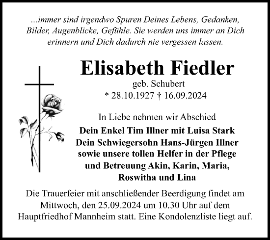 Traueranzeige von Elisabeth Fiedler von Mannheimer Morgen