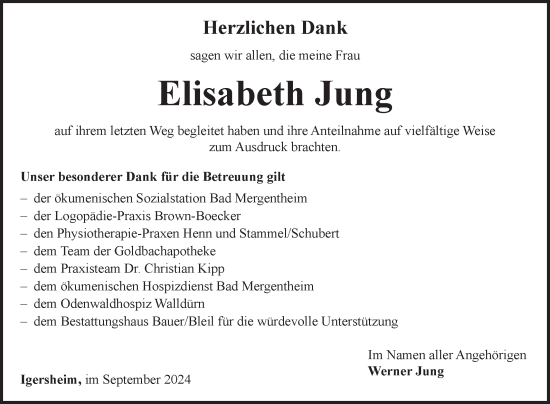 Traueranzeige von Elisabeth Jung von Fränkische Nachrichten