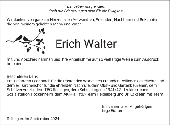 Traueranzeige von Erich Walter von Schwetzinger Zeitung