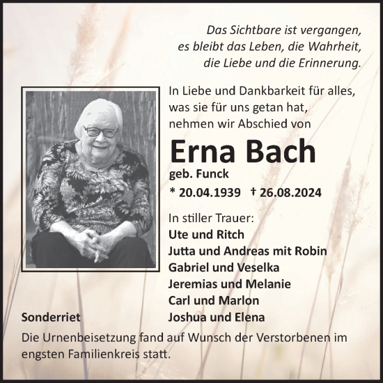 Traueranzeige von Erna Bach von Fränkische Nachrichten