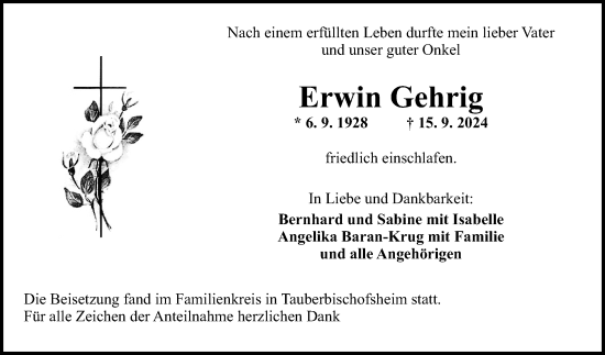 Traueranzeige von Erwin Gehrig von Fränkische Nachrichten