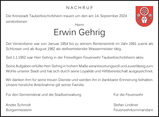 Traueranzeige von Erwin Gehrig von Fränkische Nachrichten