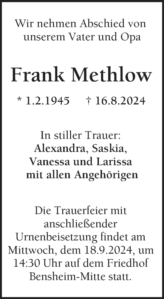 Traueranzeige von Frank Methlow von Bergsträßer Anzeiger