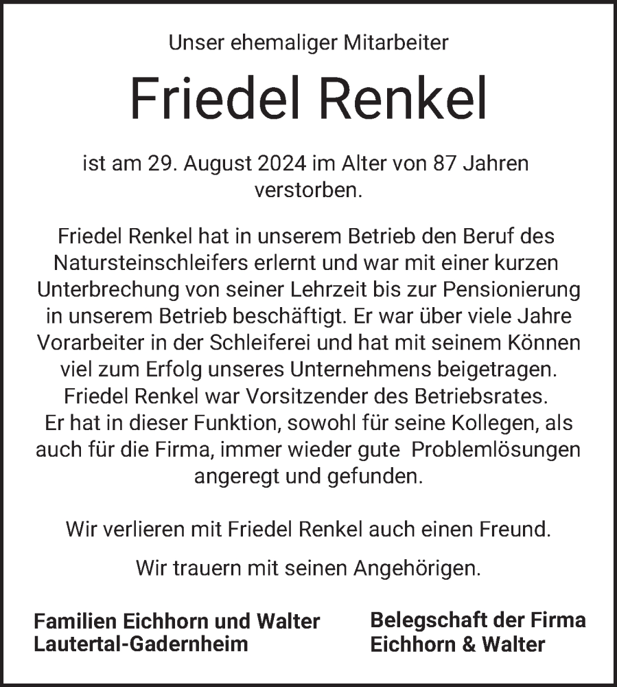  Traueranzeige für Friedel Renkel vom 14.09.2024 aus Bergsträßer Anzeiger