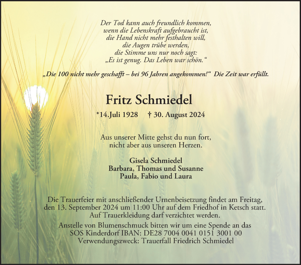  Traueranzeige für Fritz Schmiedel vom 07.09.2024 aus Schwetzinger Zeitung