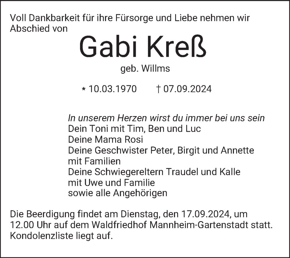  Traueranzeige für Gabi Kreß vom 14.09.2024 aus Mannheimer Morgen