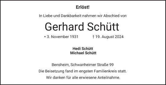 Traueranzeige von Gerhard Schütt von Bergsträßer Anzeiger