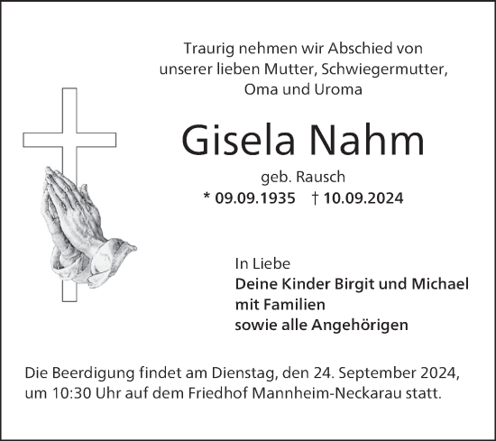 Traueranzeige von Gisela Nahm von Mannheimer Morgen