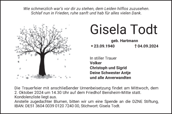 Traueranzeige von Gisela Todt von Bergsträßer Anzeiger