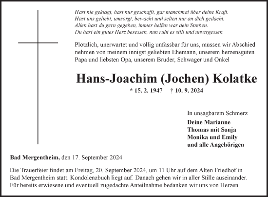 Traueranzeige von Hans-Joachim Kolatke von Fränkische Nachrichten